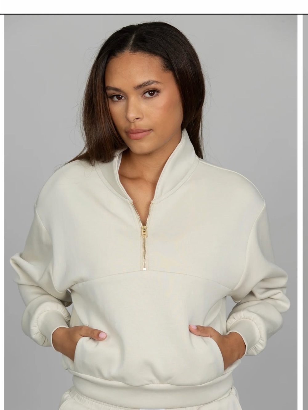 Women's Cream Half-Zip Pullover Hoodie with Gold Zip